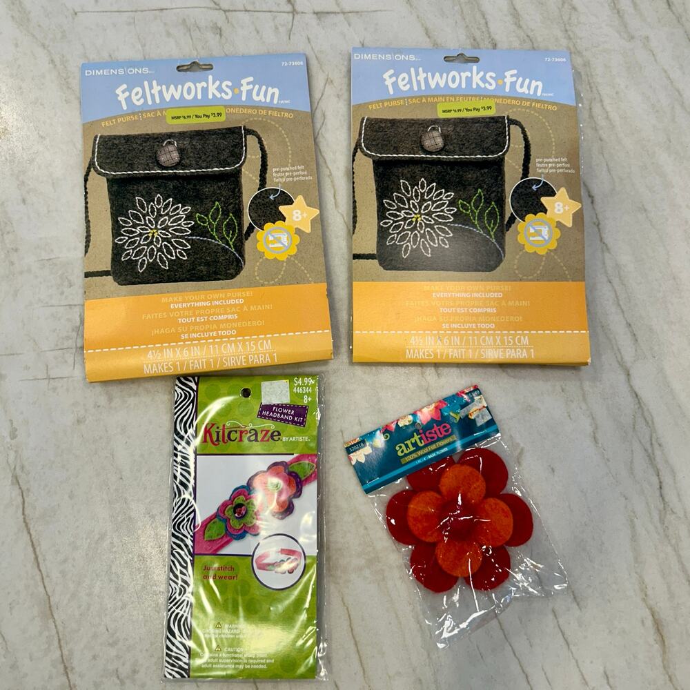 Felt Craft Kits Lot of 4 Dimensions Feltworks Purse Kitcraze Headband Flower New